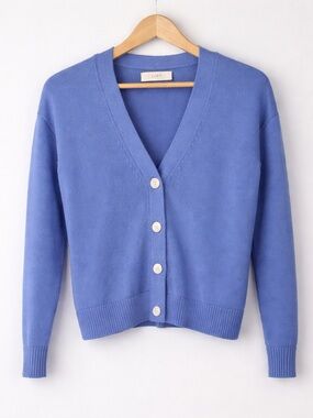 LOFT Blue Button Front Cardigan Sweater Soft Knit V-Neck Classic Preppy  XS